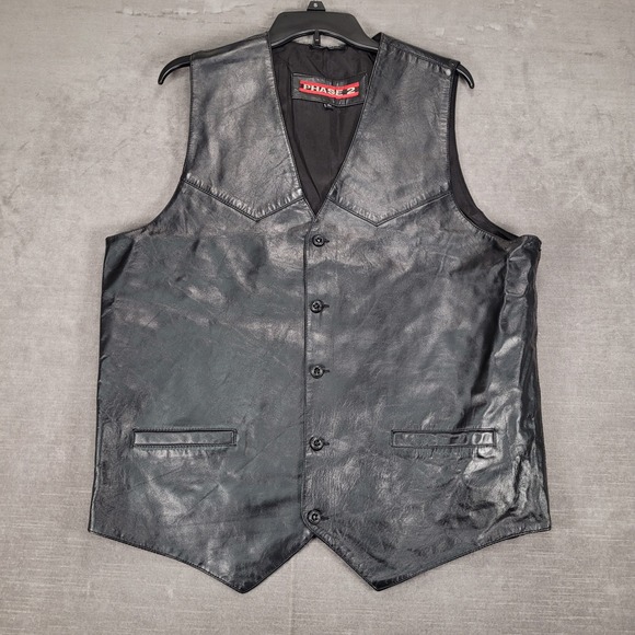 Leather Vest‎ Biker Motorcycle Phase 2 Sleeveless Black Genuine Leather Mens Lg - Picture 1 of 12